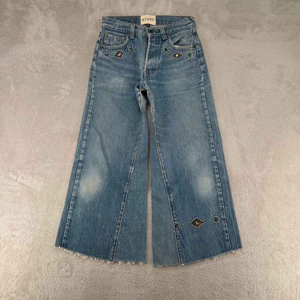 Riley Wide‎ Leg Jeans Womens 25 Blue Denim Rhinestone Studded Frayed Button Fly